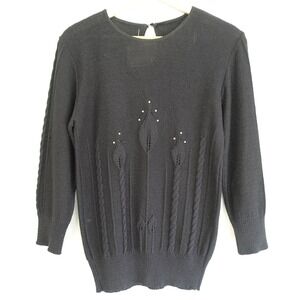 Vtg 60s Sweater Womens M Black Beaded Cable Knit Pointelle‎ Mod Rockabilly Pinup